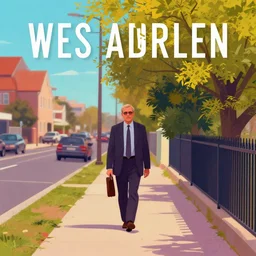 a man walking on a side walk, in the style of a wes anderson poster, movie poster, flat shading, vector art, vibrant colors