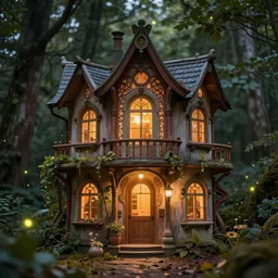a stunnng fairy house, art nouveau, ultra detailed, warm interior light, cinematic shot, photorealistic, octane render, high definition, fine details, fairy mood, fireflies, 8 k