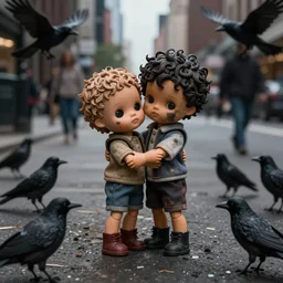 two dirty doll hugging eachother in a sides walk of a crowded city ,they are lost ,crows around them,illustrating,photo real,hyper realistic ,dark atmosphere,higgly detailed, baroque, matte painting, concept art, hdri, 4k -
