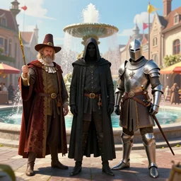 three guilders : a magician, a murderer and a warrior, stand in the middle of the square in front of the fountain, day, carnival background, peter morbacher style, ray tracing, octane render, digital art, realistic, high quality, 8 k
