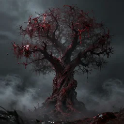 a bloody tree as a demon on hell, dark, foggy, eerie, splash, sparkle, smoke, particles, octane render, unreal engine, artstation, digital art.