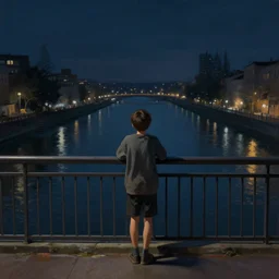 a lonely boy on a city bridge looking to the river at midnight, digital painting, masterpiece, digital art, hyperrealistic, concept art, octane render, unreal engine 5, trending on deviantart, sad atmosphere, centered, anatomically correct, oil painting, high contrast, serene scenery, loneliness