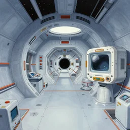 the interior of a scifi space station, matte illustration by jean giraud moebius