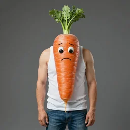 photograph of an anthropomorphic carrot wearing a white tanktop and blue jeans, he is middle aged and sad