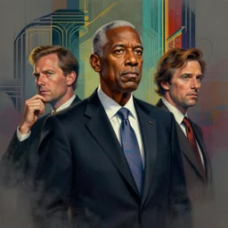 realistic photo portrait of merrick garland, colorful, modern art deco, mads berg, karolis strautniekas, christopher balaskas, stippled light, moody, fine texture, editorial illustration, dramatic lighting, dynamic composition, detailed, matte print, dynamic perspective, muted color, ( ( victo ngai ) ), low fog