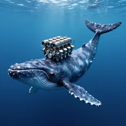 digital art of a small v 8 engine on the large rectangular head and narrow jawof a massive cachalot whale, eight - cylinder piston diesel engine in the head of a huge cachalot in the ocean, smooth body and tail of a cachalot whale, short fins, full - body, wide angle, longer shot, in the style of cyberpunk, fantastic