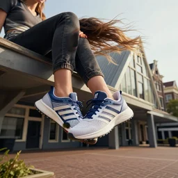 PHOTOGRAPH OF A WOMAN WEARING adidas sport shoes THAT FLIES WITH THE WIND SITTING IN batavia ARCHITECTURE, hyperrealistic, photorealistic, octane render, 8k, extremely detailed, cinematic, octane render