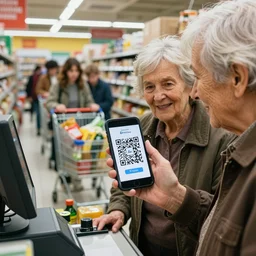 old wrinkled couple in front of the cash registry in a grocery shop, holds up smartphone, smartphone display contains a large qr code, shopping carts are all full of groceries, in the background we see a long long line of young customers, close - up, extremely detailed photo