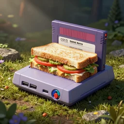 a super nintendo with a delicious sandwich inserted as a cartridge