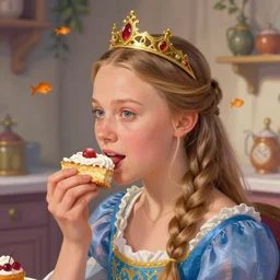 closeup profile portrait of greta thunberg as a fairytale princess wearing a crown eating cakes in the castle kitchen, nicoletta ceccoli, mark ryden, lostfish, max fleischer, hyper realistic, artstation, illustration, digital paint, matte paint, vivid colors, bright, cheerful, detailed and intricate environment