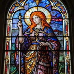 beautiful stained glass window, orange haired pale skin woman, gaudy, large intricate details
