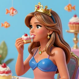 closeup profile portrait of a tin toy melania trump as a fairytale princess wearing a crown and eating cakes, bikini, hyper realistic, artstation, illustration, nicoletta ceccoli, mark ryden, lostfish, max fleischer, digital paint, matte paint, vivid colors, bright, cheerful, detailed and intricate environment