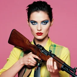 extremely detailed studio closeup portrait of a fashion model holding a rifle. surreal photograph, lo - fi, polished look, solid background, silly and serious, hermes ad, fashion photography, toiletpaper magazine by pierpaolo ferrari and maurizio cattelan, 3 5 mm photograph, colourful, david lachapelle, twin peaks, canon eos c 3 0 0, 8 k, medium - format print