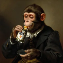 a smiling monkey in suits eating a tin can of heinz beans renaissance oil painting, beautiful lighting rembrandt