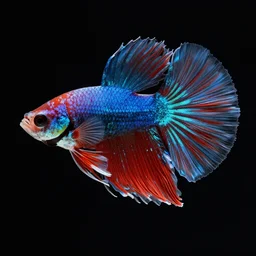 a beautiful richly colored beta fish on a black background, full subject in view