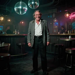 the full - body shot of drunk smiling old wrinkled unkempt detective ( ( ( ( joaquin phoenix ) ) ) ) with sideburns worn in grey jacket and white shirt in dark steampunk fallout disco bar, cinematography of christopher doyle, frostpunk, neon gloomy light, discoball reflections, anamorphic, optical flares, kodak film, 8 k