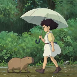 a young girl holding an umbrella with her tiny pet capybara walking through the forest, raining, side view, shot from the side, walking to the left, art by hayao miyazaki, studio ghibli film, 4k, hi res, high detail