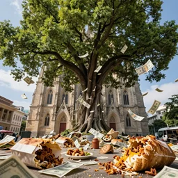 under a grand cathedral of huge lush tree, over piles half eaten rotting fast food, money thrown and floats in the air, hyper realistic photo, full colour, upscale, 8 k, masterpiece,