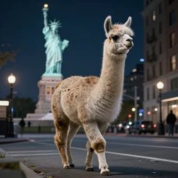 a llama walking through a desolate manhattan city street at night, statue of liberty seen in the background, realistic 4 k octane beautifully detailed render, 4 k post - processing, highly detailed, detailed face, intricate complexity, epic composition, magical atmosphere, cinematic lighting, masterpiece, ultra hd