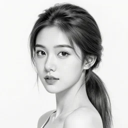 pencil drawing, black and white, portrait of a beautiful young woman, kind face, delicate features, loose pony tail, fine details, dramatic lighting