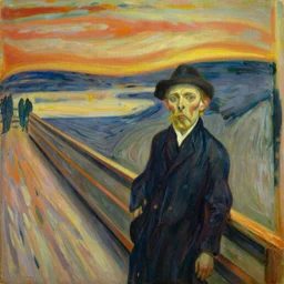 “a detailed oil painting of an emigrant in a new country by Edward Munch”