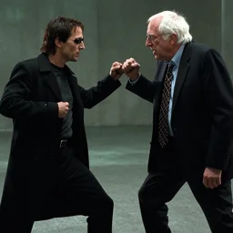 Bernie Sanders as Neo in the Matrix, fighting Agent Smith, in screenshot from the Matrix movie