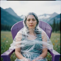 a color photograph, closeup portrait of a woman wrapped in plastic, sitting in a plastic throne, in glacier national park in montana, color photograph, by vincent desiderio, canon eos c 3 0 0, ƒ 1. 8, 3 5 mm, 8 k, medium - format print