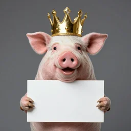 studio photograph of a pig wearing a gold crown depicted as a muppet holding sign