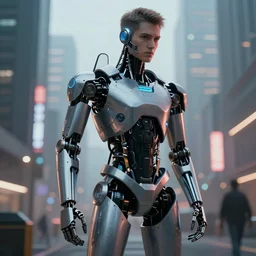 a man with robot body parts in cyperpunk city