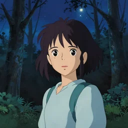 a detailed portrait of a young girl resembling lily james lost in the forest at night with a sky full of stars, trending on pixiv fanbox, painted by makoto shinkai takashi takeuchi studio ghibli, akihiko yoshida, yoshitaka amano, wangechi mutu, clean cel shaded vector art, illustration, hd, 8 k