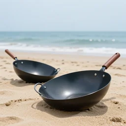 distorted woks, placed on a sandy beach, with ocean in the background, photorealistic, 8k