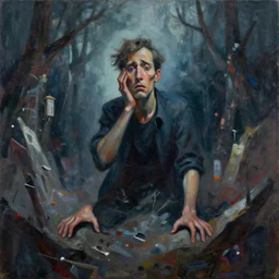impressionistic abstract painting of alex jones looking worried as his life collapses into the lovecraftian void around him