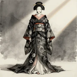 a sketch of a stretwear dress designed by balenciaga inspired by the costume of japanese priestesses