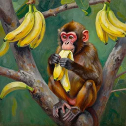 a beautiful painting monkeys eat bananas in the tree, by jean michel basquiat realistic oil painting