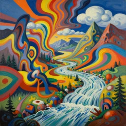 A wild, insane, modernist landscape painting. Wild energy patterns rippling in all directions. Curves, organic, zig-zags. Saturated color. Mountains. Clouds. Rushing water. Wayne Thiebaud.