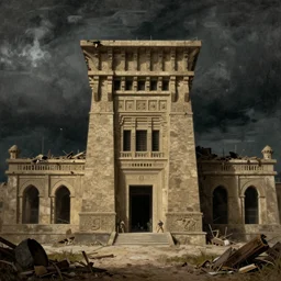 new york city being rebuilt as mesopotamian architecture. dark, atmospheric, stormy weather, gustave dore, italy 1 8 1 6