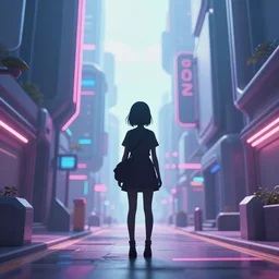 a beautiful and immaculate futuristic city. the silhouette of a young japanese girl standing in an alleyway. vaporwave ombre rendering. outrun style. trending on artstation. recommended for you behance. by chris moore. by edward hopper. beeple colors.