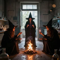 witches performing a seance in a derelict science laboratory with an open door with light shining in spilling out on the floor. small fire. spells and magic. highly detailed photography dlsr bokeh. flickr, deviantart,
