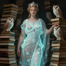 a portrait of alexandra breckenridge as the goddess minerva surrounded by stacks of books, and owls, bioluminescent gown with deep level of detail of esoteric symbols, urban motifs, intricate, elegant, highly detailed, digital painting, trending on artstation, concept art, smooth sharp focus, illustration, art by artgerm and greg rutkowski