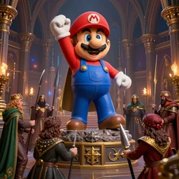 satanists in masonic lodge adoring a Mario Bros Statue during a medieval battle, warcraft style, realistic 4k octane beautifully detailed render, 4k post-processing, highly detailed, intricate complexity, epic composition, magical atmosphere, cinematic lighting, masterpiece, ultra hd