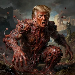 donald trump's disgusting true form bursting from within, gross, slimy, sleazy, pustules, high details, intricate details, by leonardo da vinci