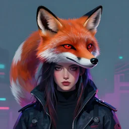 midjourney :: a painting of a woman with a fox on her head, cyberpunk art by Sam Spratt, featured on Artstation, furry art, darksynth, artstation hd, 2d game art