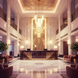 a beautiful, sharp focus, clean lines. the interior of an art deco luxury hotel. hotel lobby and receptionist. vaporwave ombre rendering. outrun style. trending on artstation. recommended for you behance. by chris moore. by edward hopper. ambient occlusion. digital matte painting. metropolis filmic. gotham city.