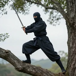 a ninja with sword standing on a tree practicing, realistic