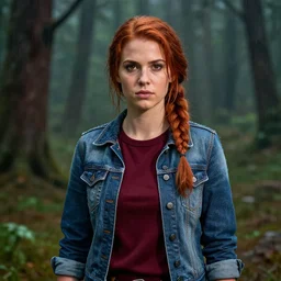 an insanely detailed realistic depiction of beautiful jodi from stardew valley facing camera standing in the rainy forest wearing burgundy sweater under denim jacket, auburn hair, pretty brown eyes, french braid, in the style of peter mohrbacher, artgerm, dramatic lighting and composition, octane render, trending on artstation, concept art 8 k