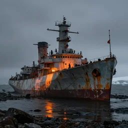 abandoned warship in arctic, orange glow, puddles of water, by greg rutkowski and asher brown durand, atmospheric, wide shot, high definition, high detail, foreboding, artstation, foggy