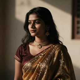 A young Indian woman maharajah, mostly silhouetted in soft shadow, harsh sunlight