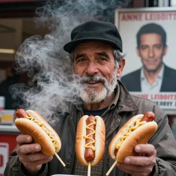 closeup portrait of a shady snake oil salesman selling hotdogs in a smoky new york back street, by Annie Leibovitz and Steve McCurry, natural light, detailed face, CANON Eos C300, ƒ1.8, 35mm, 8K, medium-format print