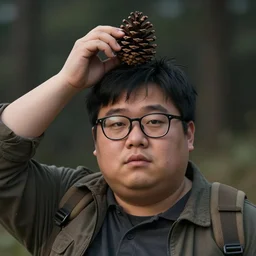 slightly tubby korean adventurer with glasses holding a pinecone over his head, digital art, dramatic lighting, highly detailed