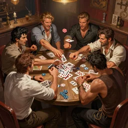 half dozen guys brawling in a tavern. caotic fight, poker cards and chips flying. intricate, elegant, highly detailed, digital painting, artstation, concept art, sharp focus, illustration, by justin gerard and artgerm, 8 k